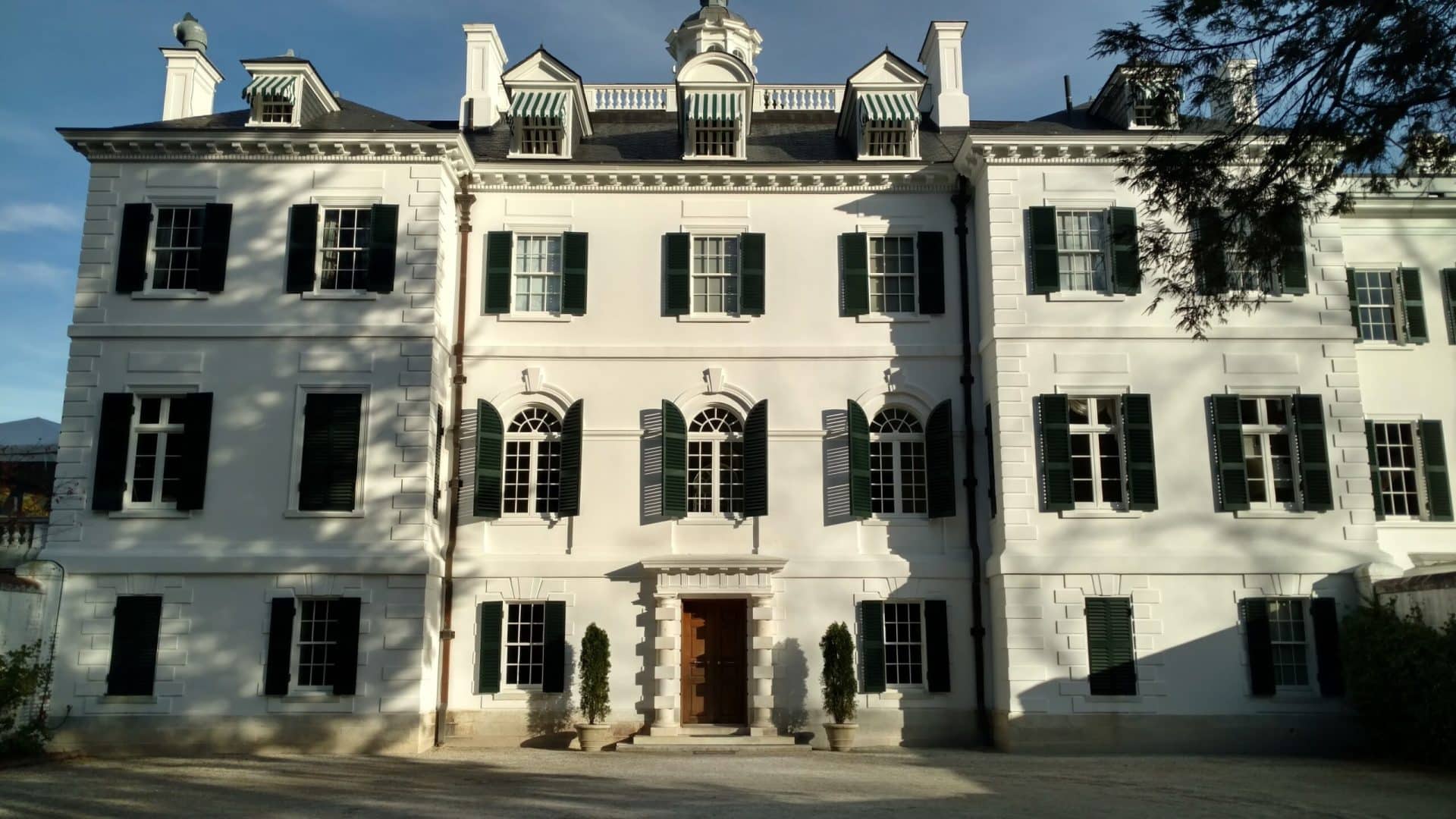 Edith Wharton Estate The Mount musuem, large, white two-story home