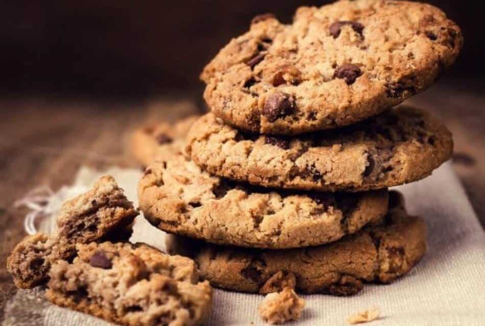 Close up view of a stack of chocolate chip cookies