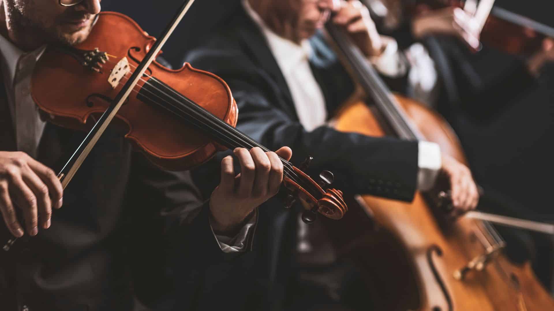 A group of people playing orchestra instruments in a theatre