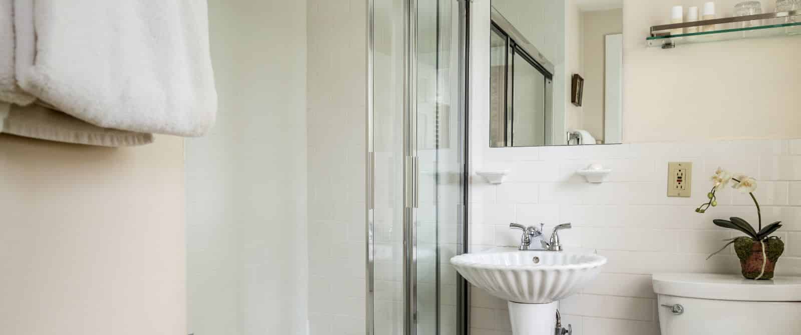 Bathroom with white walls, white vanity, rectangular mirror, and stand up shower