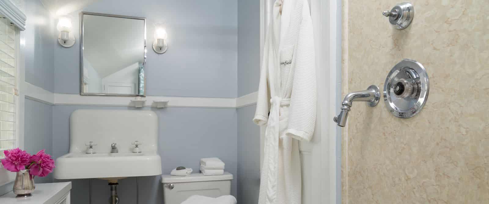 Bathroom with blue walls, white trim, white sink, rectangle mirror, and shower