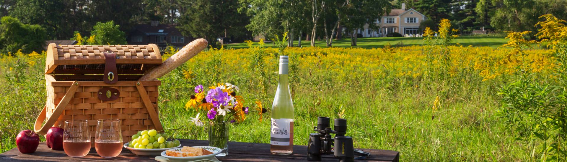 Wooden picnic table with picnic basket, apples, grapes, bottle of wine, vase with flowers, binoculars, and the property far in the background