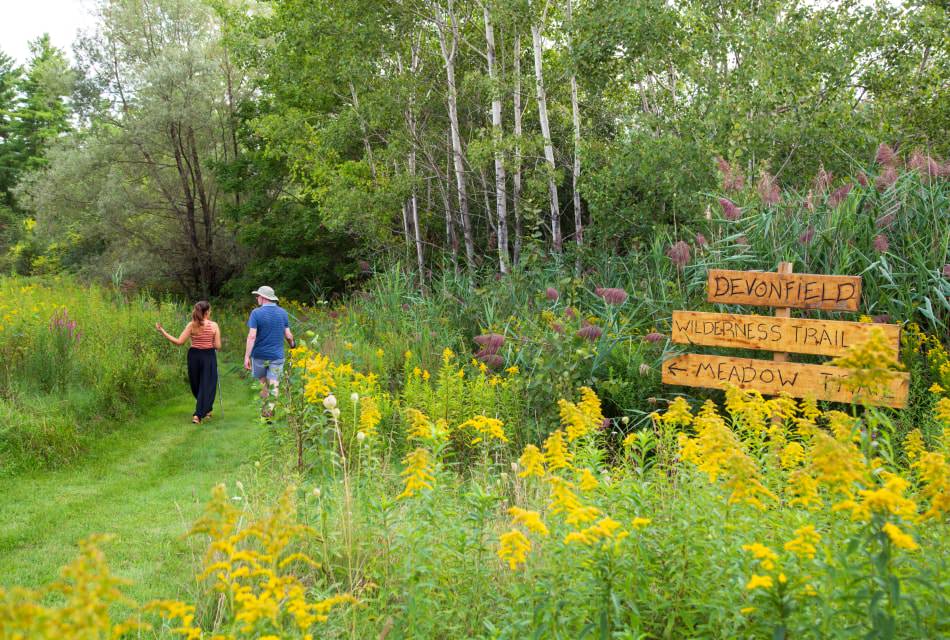 Man and woman walking on grass path surrounded by vegetation and trees