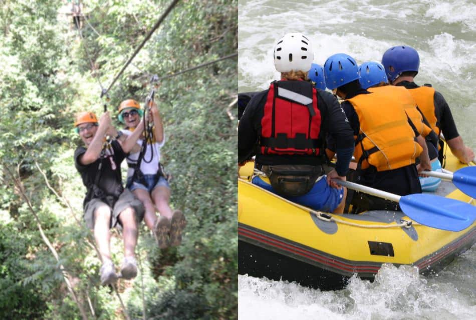 Couple ziplining on the left; people whitewater rafting on the right