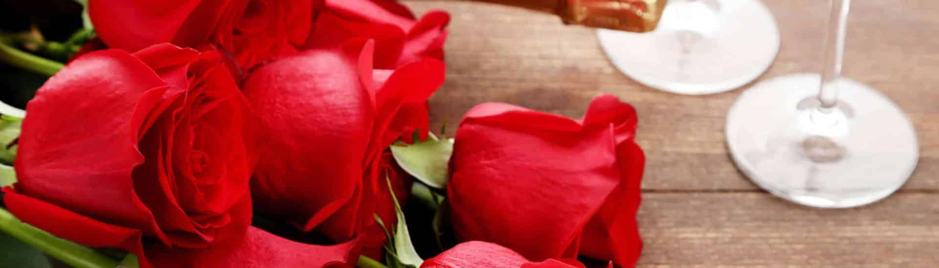 Close up view of a bouquet with red roses